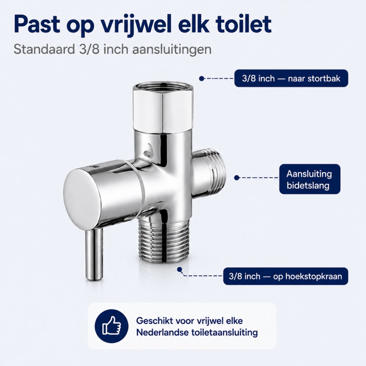 Chroomkleurige T-adapter met 3/8" aansluitingen voor bidet- of douchekop.