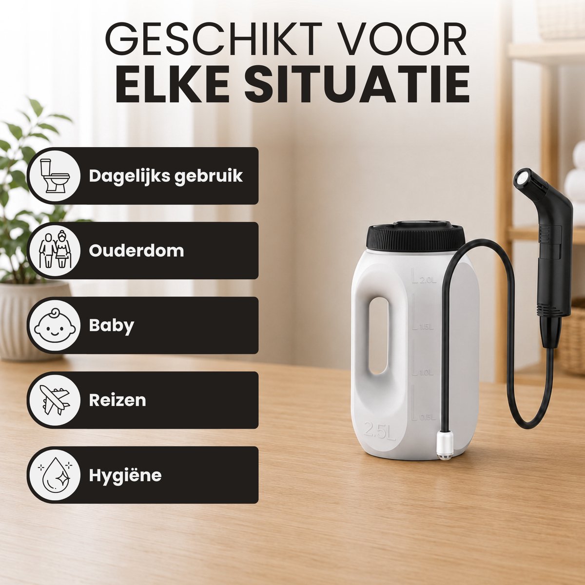 Wit bidet met zwarte sproeier, geschikt voor dagelijks gebruik, ouderen, baby's, reizen en hygiëne.