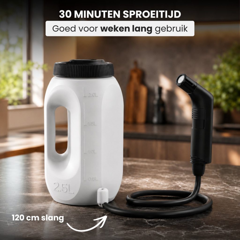Draagbaar bidet met witte 2.5L tank en 120 cm slang. 30 minuten sproeitijd.