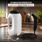 Draagbaar bidet met witte 2.5L tank en 120 cm slang. 30 minuten sproeitijd.