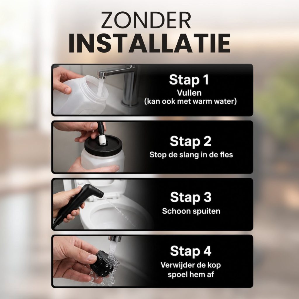 Vier stappen installatie: vullen, slang bevestigen, spuiten, kop afspoelen.