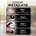 Vier stappen installatie: vullen, slang bevestigen, spuiten, kop afspoelen.