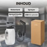 Inhoud: watertank, sproeier, sproeierhouder met zuignap, USB-C oplader en doos.