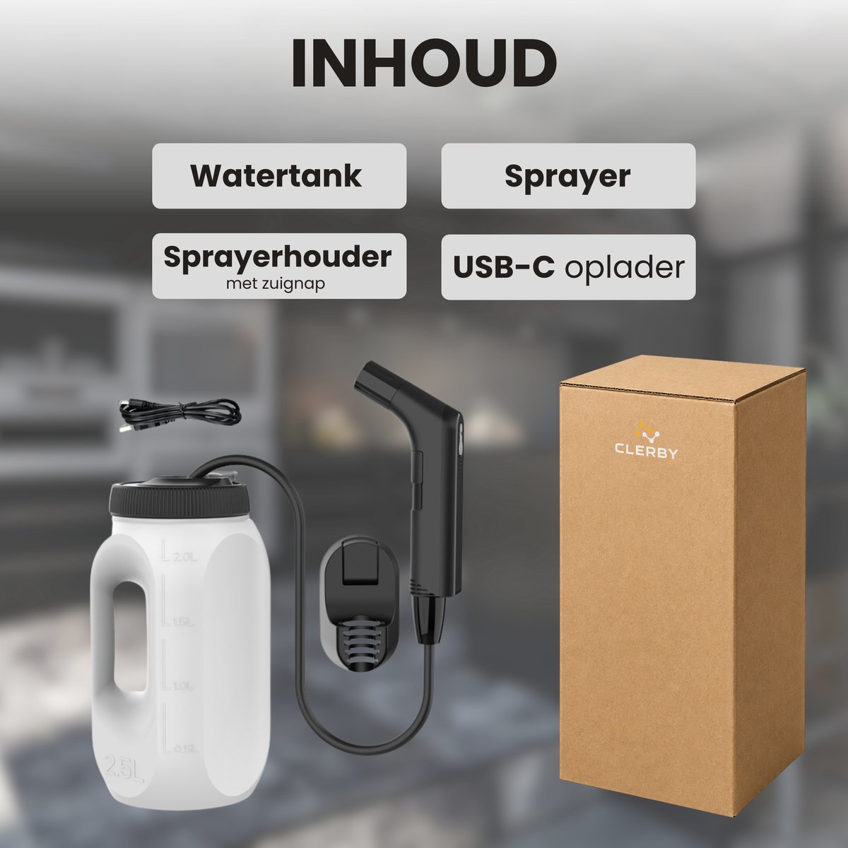 Inhoud: watertank, sproeier, sproeierhouder met zuignap, USB-C oplader en doos.