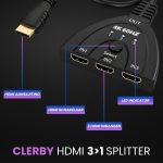Close-up van een zwarte Clerby 3-in-1 HDMI splitter met de tekst "HDMI AANSLUITING", "HDMI SCHAKELAAR", "3 HDMI INGANGEN", "LED INDICATOR".
