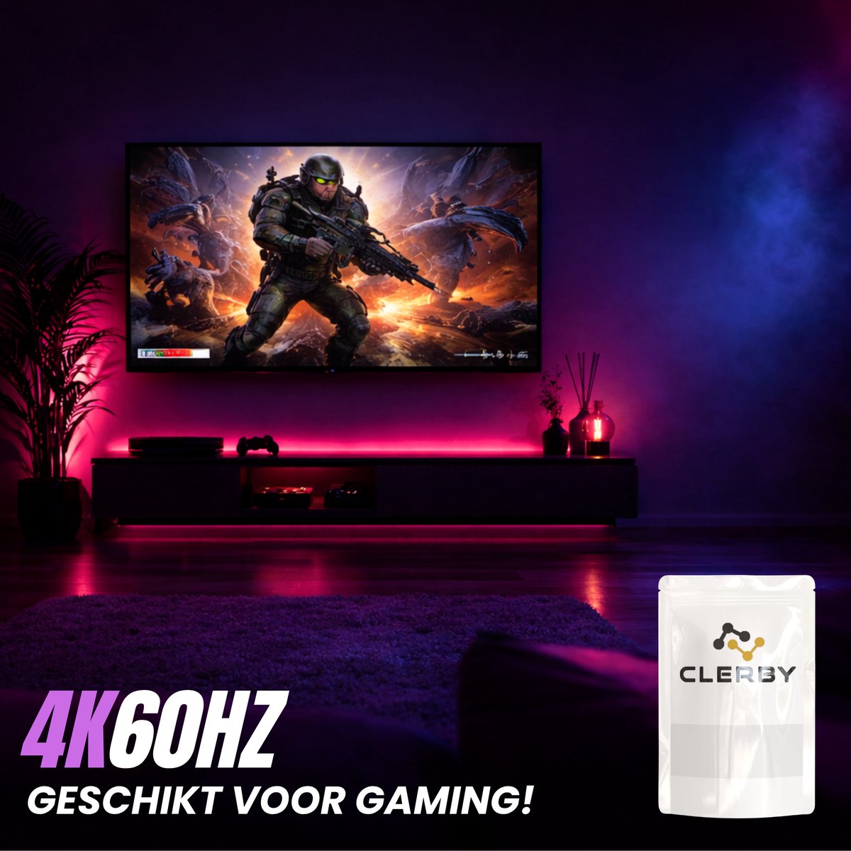 Moderne woonkamer met sfeerverlichting en een grote TV die een game weergeeft. Clerby HDMI splitter (4K60Hz) is geschikt voor gaming.