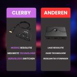 Vergelijking tussen Clerby HDMI splitter (4K60Hz, nieuwste technologie, geruisloos) en 'anderen' (lage resolutie, oude technologie).