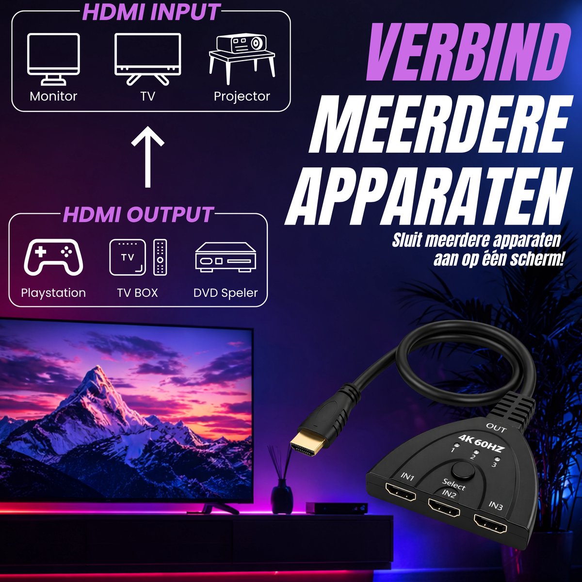 Zwarte HDMI 3-in-1 splitter met 4K 60HZ resolutie. Diagram toont aansluitingen voor Monitor, TV, Projector en apparaten zoals PlayStation, TV BOX, DVD SPELER.