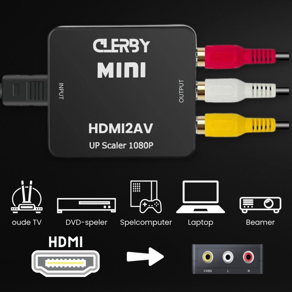 Zwarte Clerby MINI HDMI2AV UP Scaler 1080P met rode, witte en gele outputkabels. Iconen tonen oude TV, DVD-speler, spelcomputer, laptop, beamer.