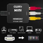 Zwarte Clerby MINI HDMI2AV UP Scaler 1080P met rode, witte en gele outputkabels. Iconen tonen oude TV, DVD-speler, spelcomputer, laptop, beamer.