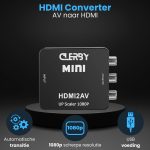 Zwarte Clerby MINI HDMI naar AV converter op een podium, met iconen voor automatische transitie, 1080p scherpe resolutie en USB voeding.