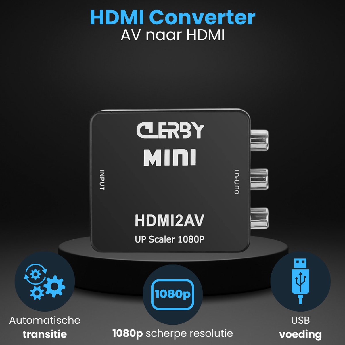 Zwarte Clerby MINI HDMI naar AV converter op een podium, met iconen voor automatische transitie, 1080p scherpe resolutie en USB voeding.