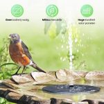 Een roodborstje zit op een vogelbadje met een spuitende zonnepaneelfontein. "Hoge kwaliteit solar panelen".