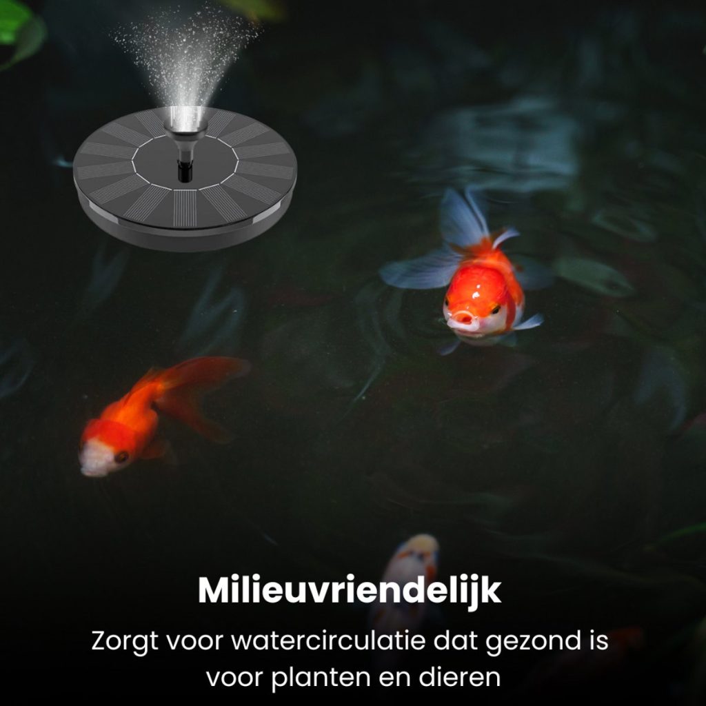 Een zonnepaneelfontein sproeit water in een vijver met goudvissen. "Milieuvriendelijk".