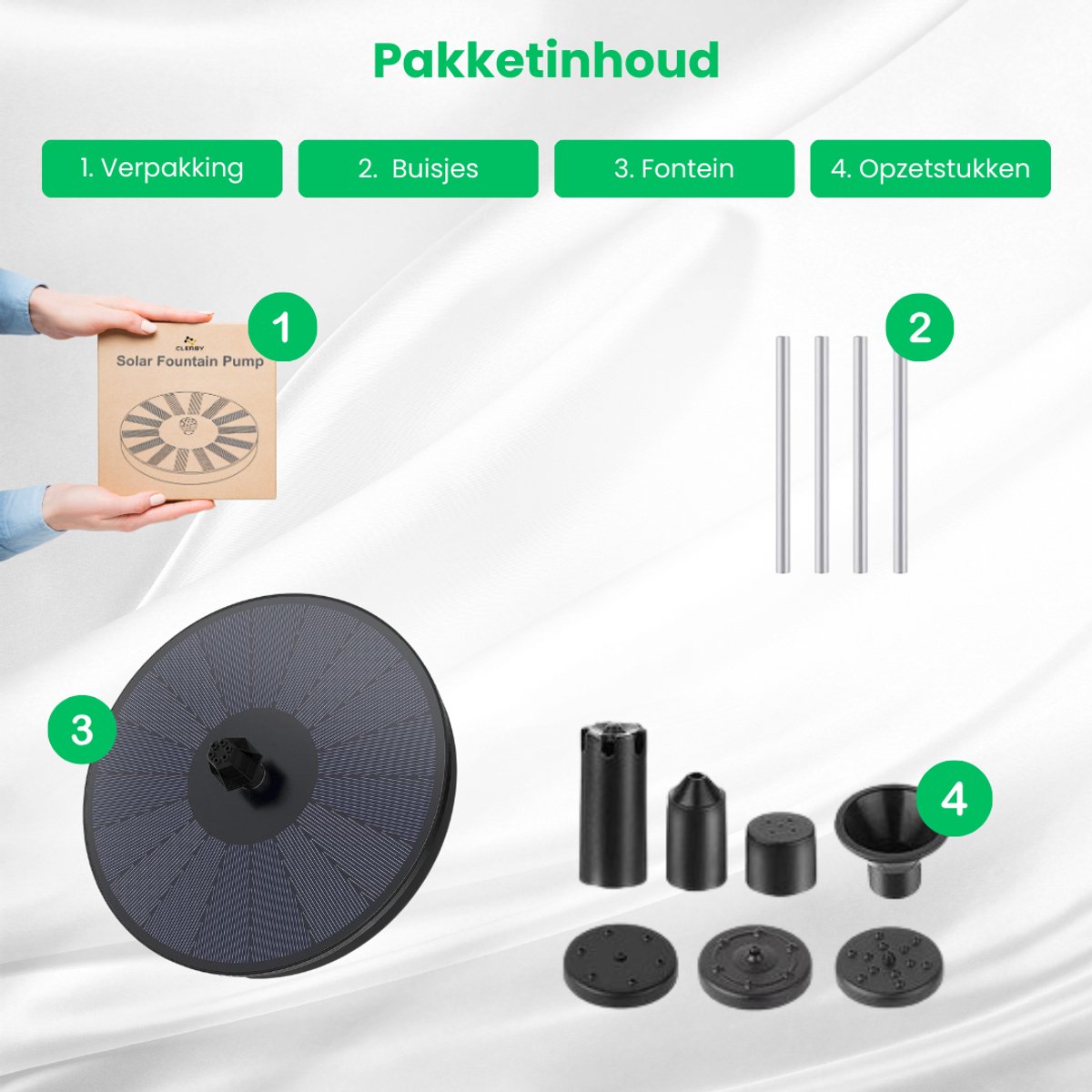 Pakketinhoud: doos, metalen buisjes, zonnepaneelfontein en vier opzetstukken.