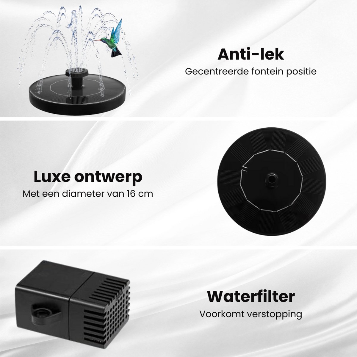 Afbeeldingen van een fontein met een kolibrie, een ronde zonnepaneelfontein en een waterfilter.