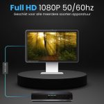SCART naar HDMI adapter aangesloten op een monitor met Full HD 1080p en een settopbox.
