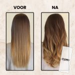 Voor en na de behandeling, waarbij het haar voor de behandeling steil en na de behandeling gekruld is.