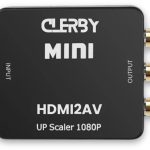Zwarte Clerby MINI HDMI2AV UP Scaler 1080P met aangesloten inputkabel en rode, witte en gele outputkabels.