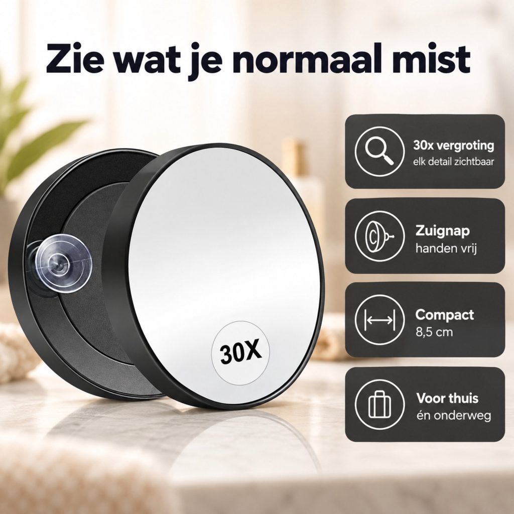 Zwarte 30x vergrootspiegel met zuignap, compact formaat voor thuis of onderweg. Details weergegeven.