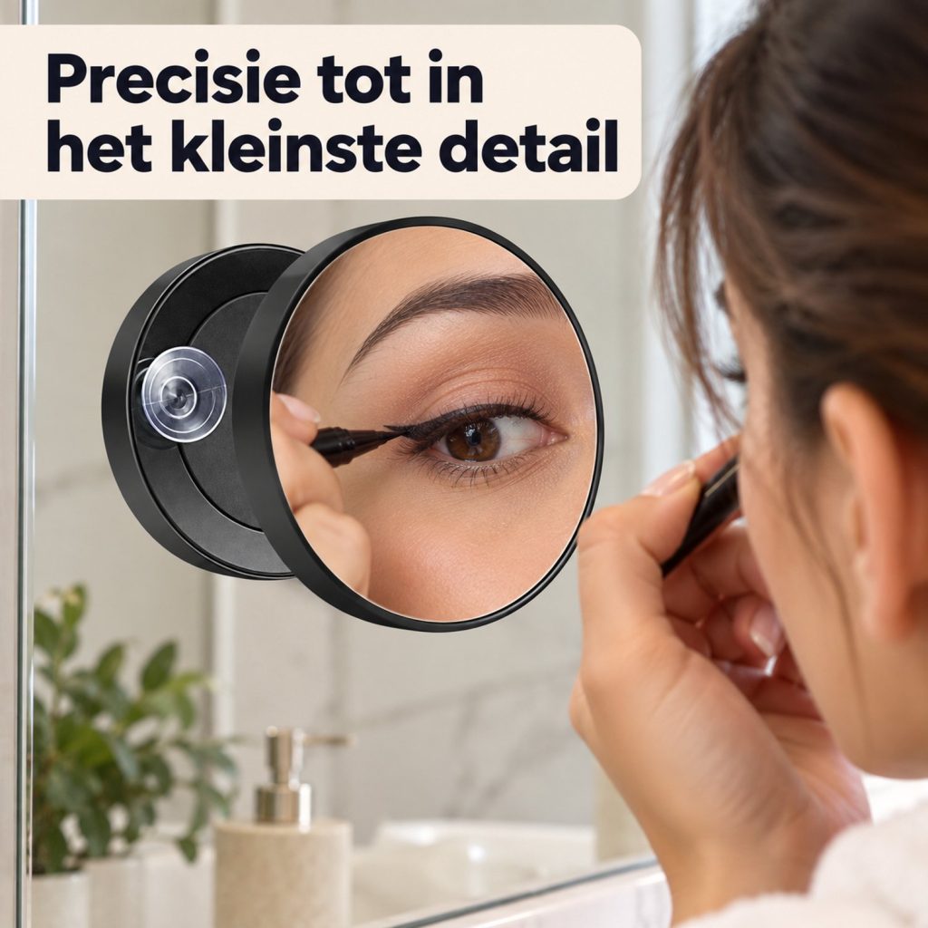 Vrouw gebruikt zwarte 30x vergrootspiegel met zuignap voor nauwkeurige oogmake-up op een badkamerspiegel.