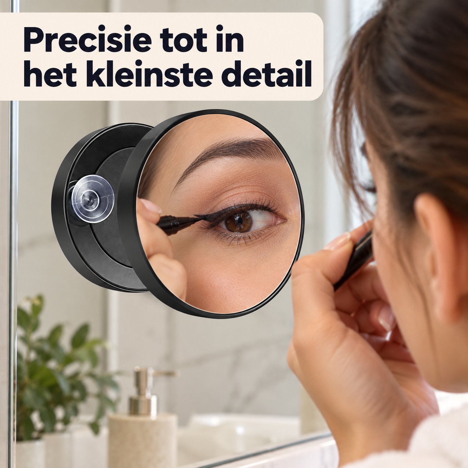 Vrouw gebruikt zwarte 30x vergrootspiegel met zuignap voor nauwkeurige oogmake-up op een badkamerspiegel.