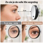 Uitleg 30x vergroting: haarscherp resultaat op 3 cm afstand, wazig bij een te grote afstand.