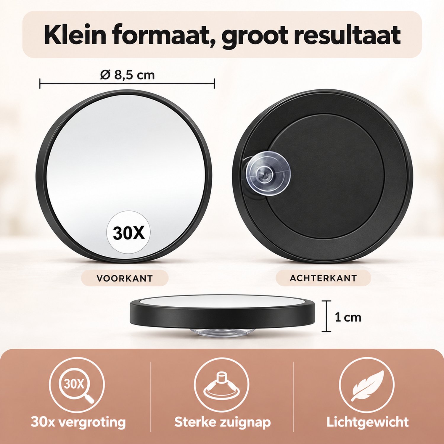 Zwarte 8,5 cm vergrootspiegel met 30x vergroting, zuignap en 1 cm dikte. Toont voor- en achterkant.