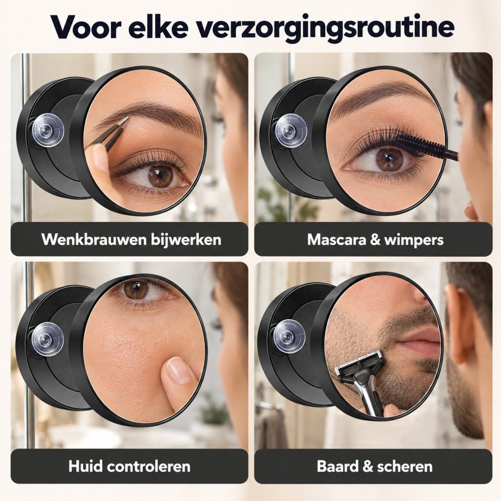 Vierdelige collage met de 30x vergrootspiegel voor wenkbrauwen, mascara, huidcontrole en scheren.