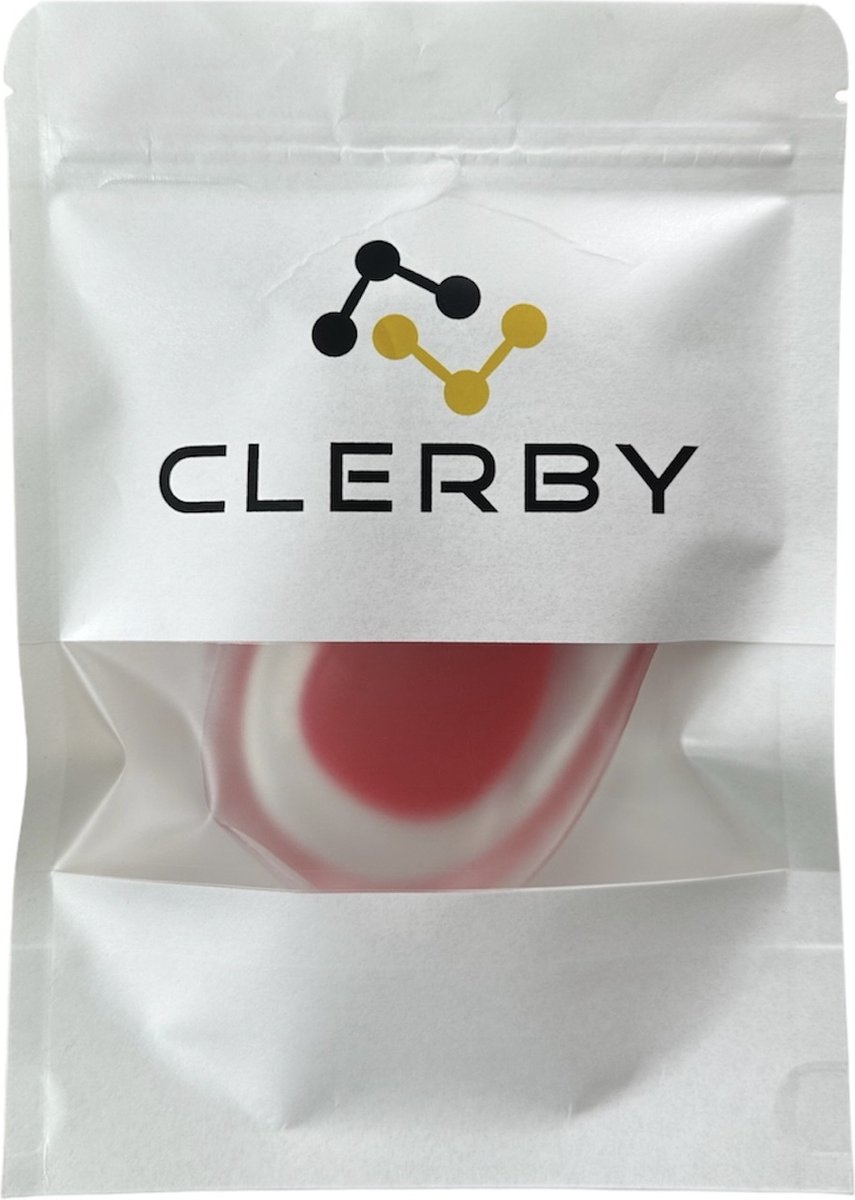 Witte verpakking met Clerby logo, waarin een doorzichtige gel hielcup met rode inleg zichtbaar is.